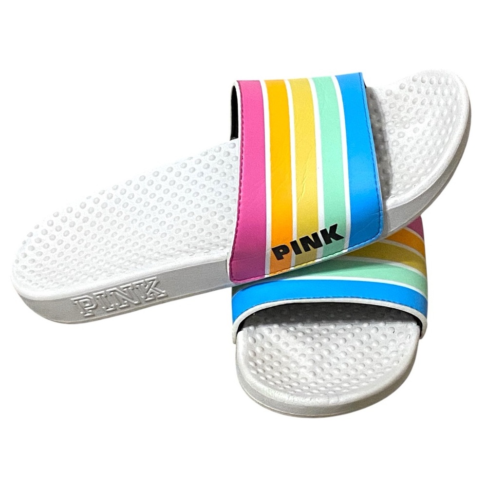 🌑SOLD🌑 Victoria’s Secret PINK Rainbow Slide Sandals Size 8